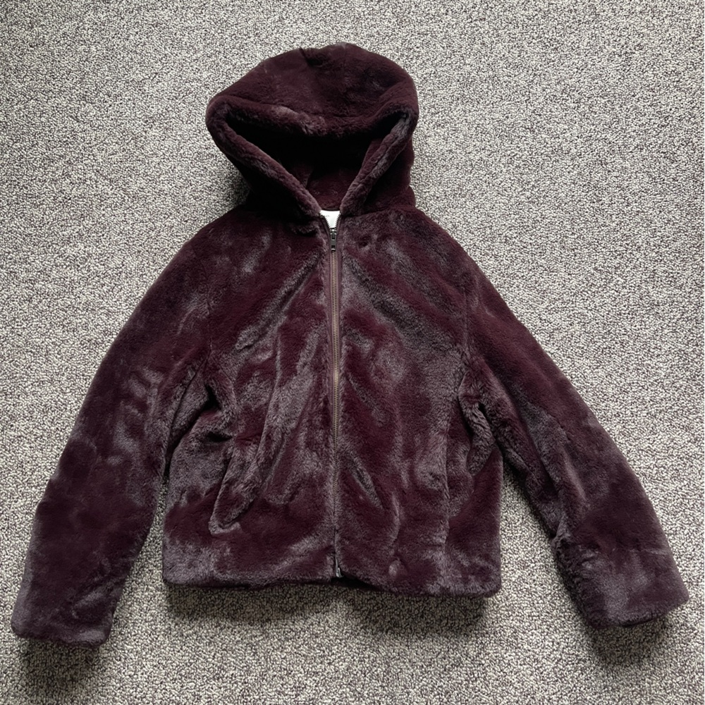 Vince Plush Faux Fur Wine Hooded Coat Jacket XS